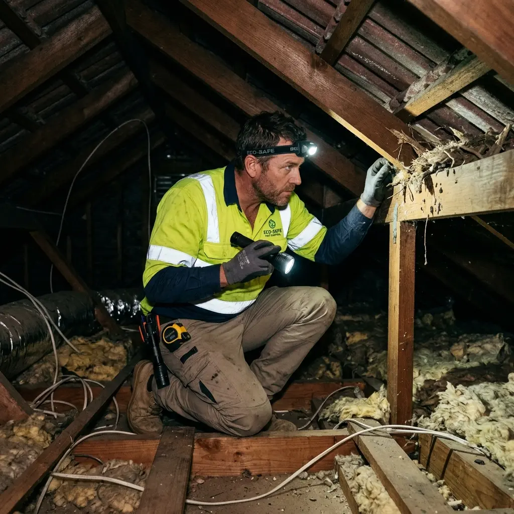 Technician inspecting a roof cavity for a dead animal in Vermont South