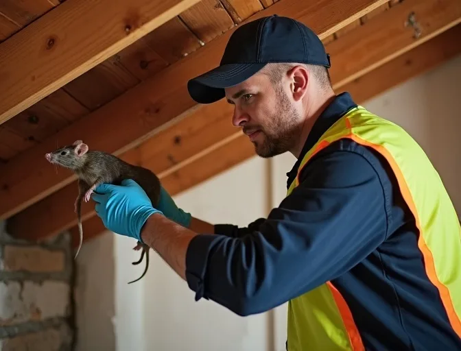 Technician inspecting a roof cavity for a dead rat in Vermont South